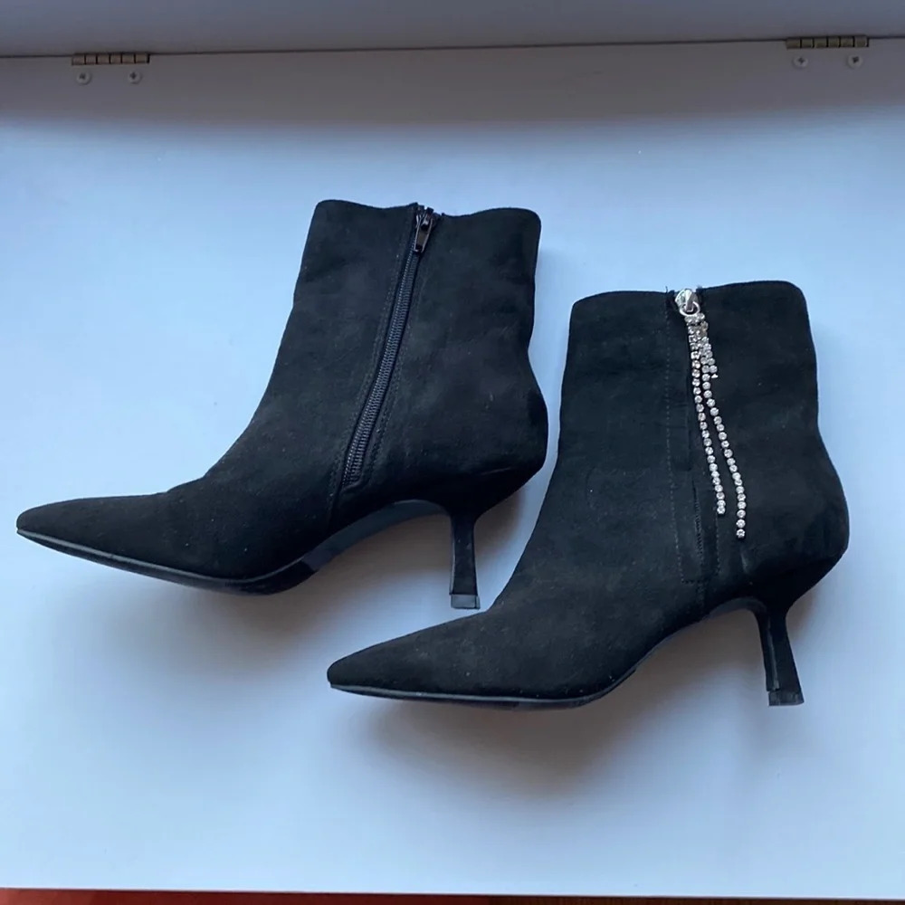 Open Edit Little Black Booties‎ With Rhinestone Tassels Pointed Toe Faux Suede